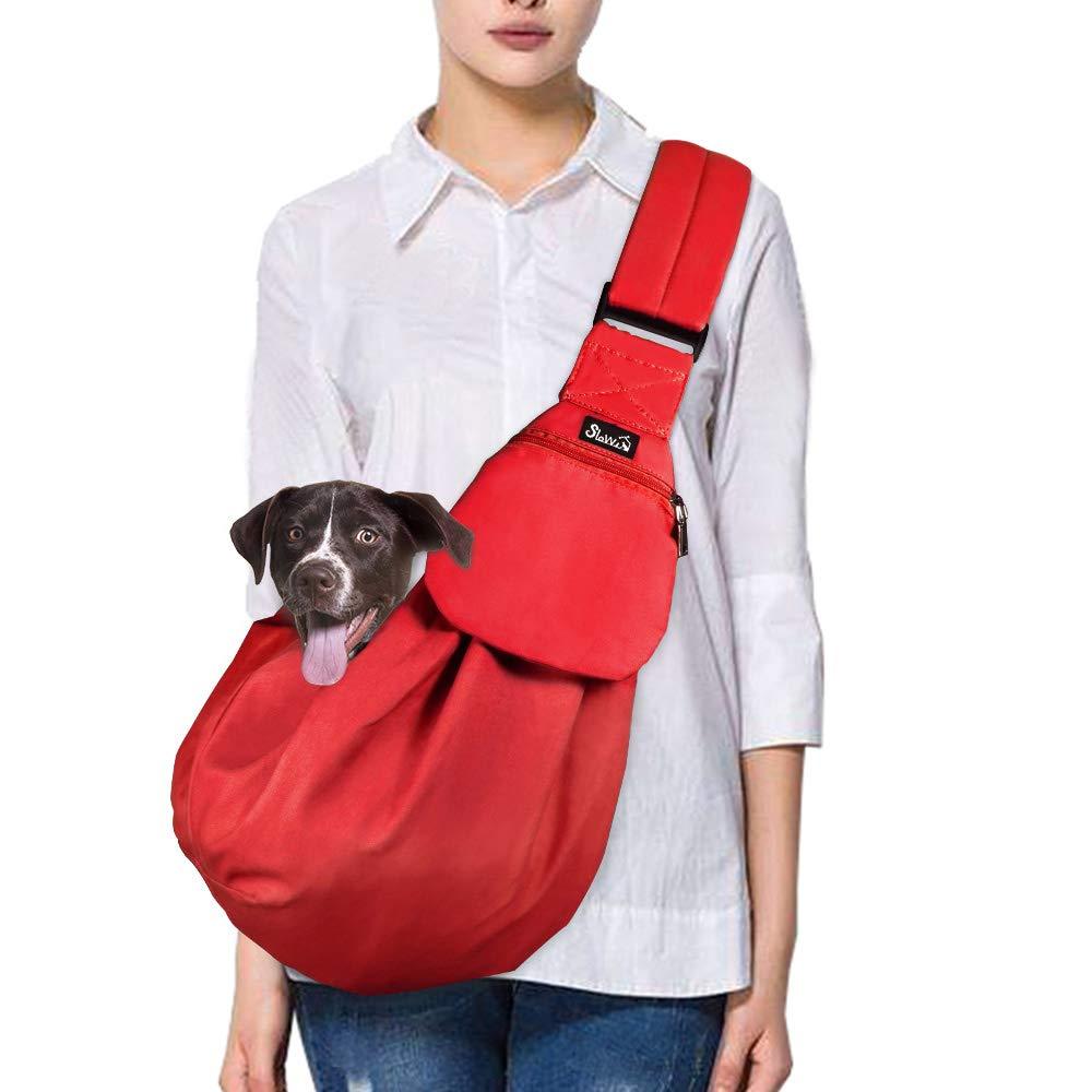 SlowTon Pet Sling, Hand Free Dog Carrier Adjustable Padded Strap Tote Bag Breathable Cotton Shoulder Bag Front Pocket Safety Belt Carrying Small Dog Cat Puppy Machine Washable Red - PawsPlanet Australia