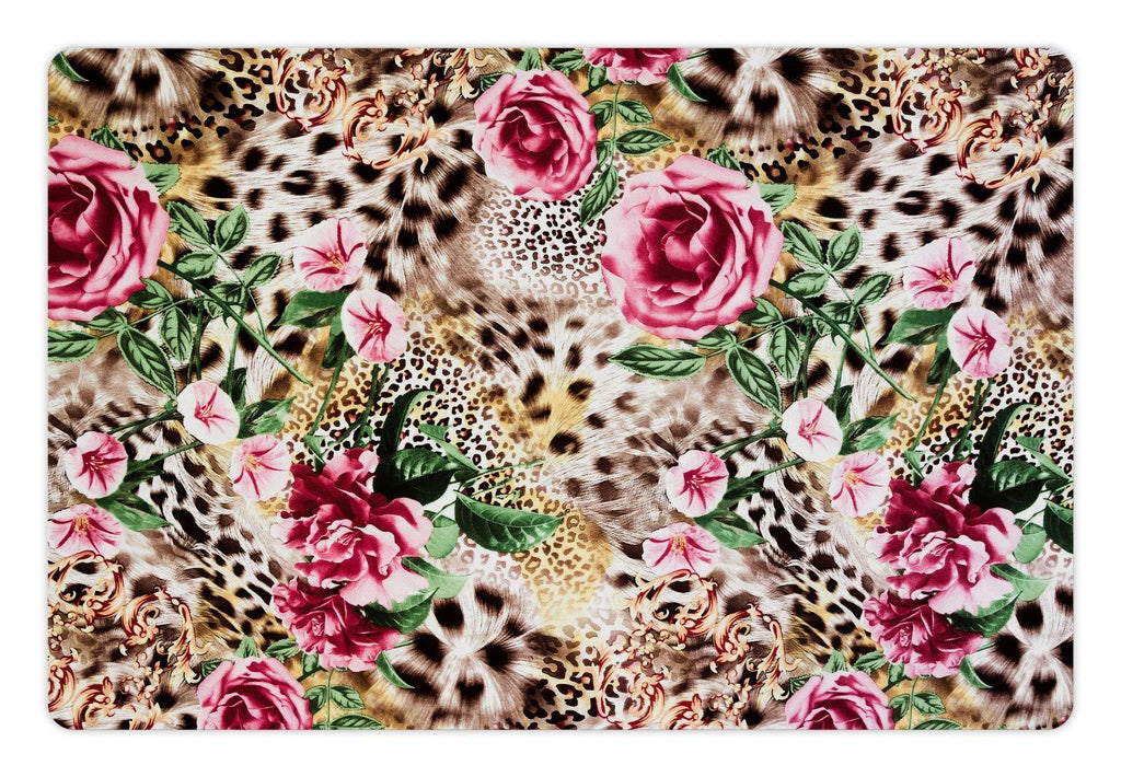 [Australia] - Lunarable Leopard Pet Mat for Food and Water, Exotic Jungle Nature Theme with Furry Animal Skin Pink Rose and Hibiscus Blossoms, Non-Slip Rubber Mat for Dogs and Cats, 18" X 12", Brown Pink 