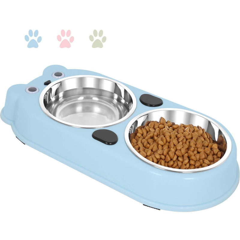 [Australia] - Upsky Double Dog Cat Bowls Double Premium Stainless Steel Pet Bowls with Cute Modeling Pet Food Water Feeder Blue 