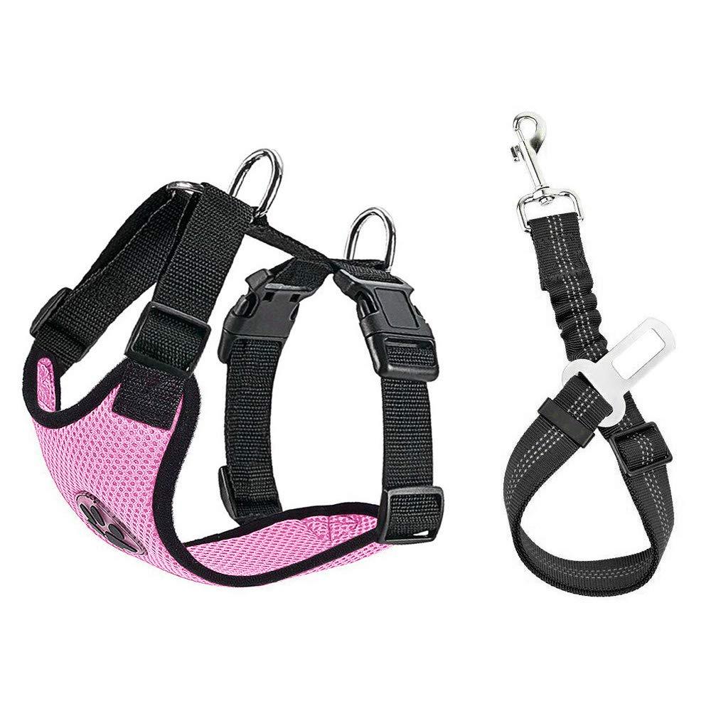 Slowton Dog Car Harness Plus Connector Strap, Multifunction Adjustable Vest Harness Double Breathable Mesh Fabric with Car Vehicle Safety Seat Belt X-small A3-Pink - PawsPlanet Australia