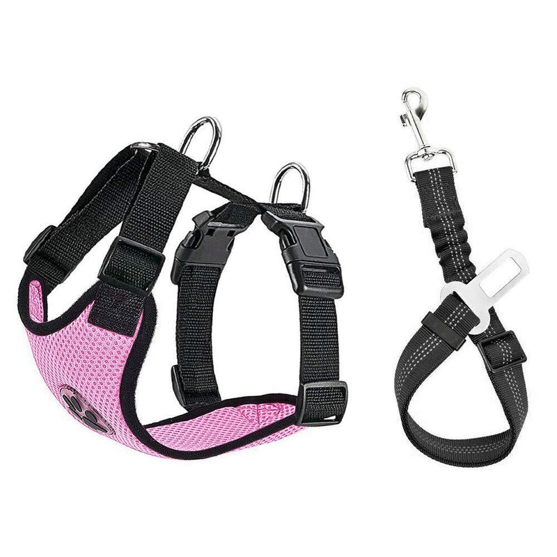 Slowton Dog Car Harness Plus Connector Strap, Multifunction Adjustable Vest Harness Double Breathable Mesh Fabric with Car Vehicle Safety Seat Belt X-small A3-Pink - PawsPlanet Australia