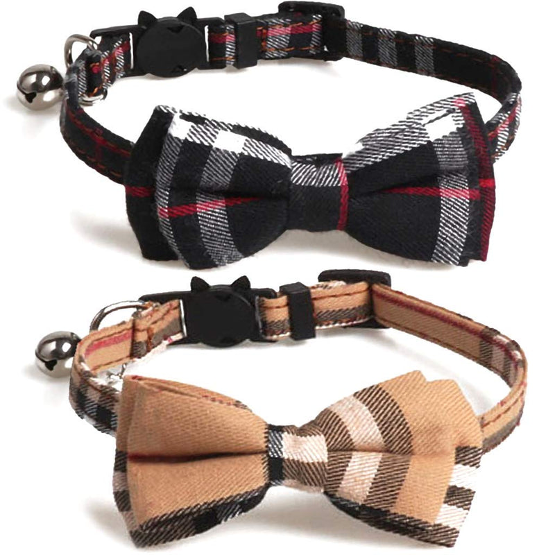 [Australia] - KUDES 2 Pack/Set Cat Collar Breakaway with Cute Bow Tie and Bell for Kitty and Some Puppies, Adjustable from 7.8-10.5 Inch Black+Brown Plaid 