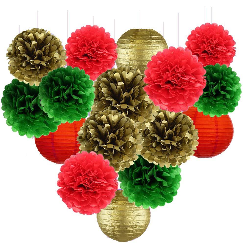 Fascola Pack of 16 Pieces Christmas New Year Hanging Decoration Paper Pom Poms Flowers Xmas Party Favor Baby Shower Birthday Wedding Home Decoration Red Green Green - PawsPlanet Australia