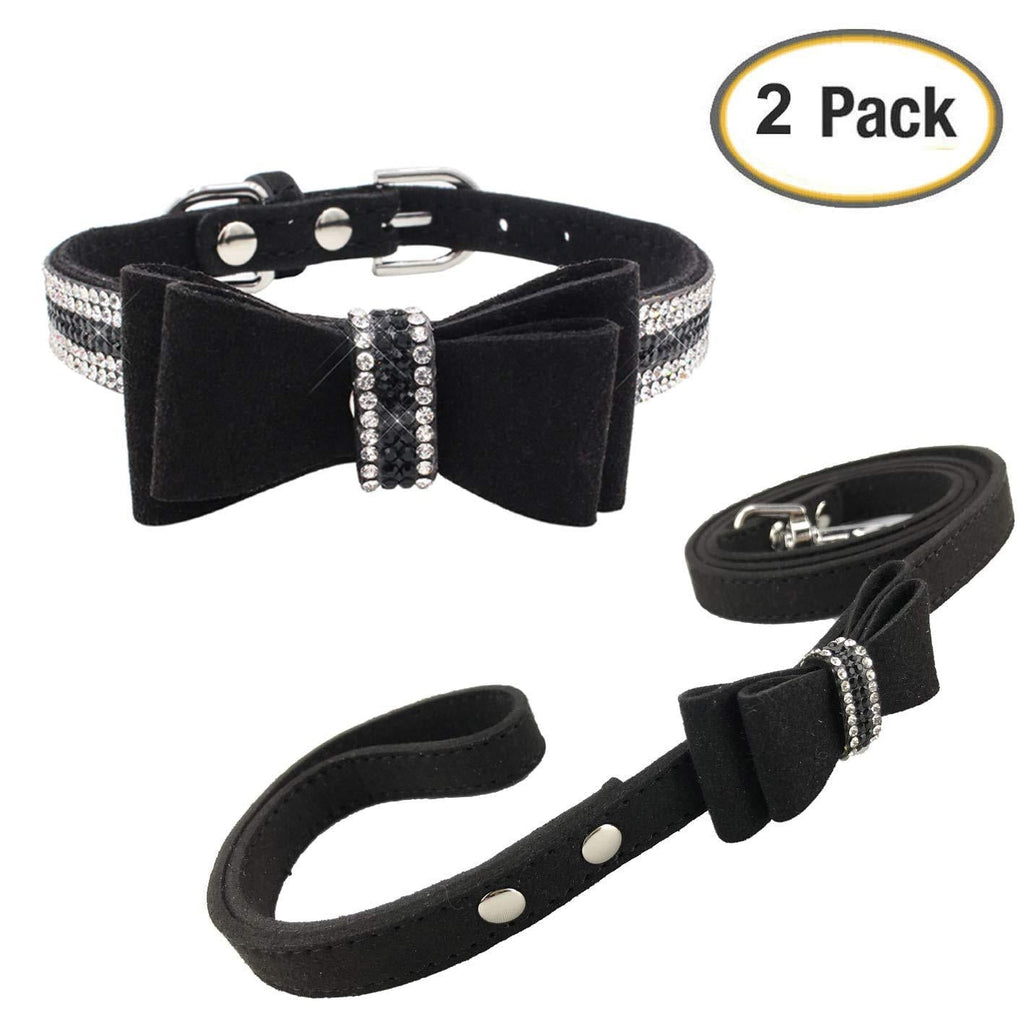 [Australia] - Newtensina Soft Bow Ties Dog Collar and Leash Set Cute Bow Ties Collar with Diamante for Dogs Cats XS Black 