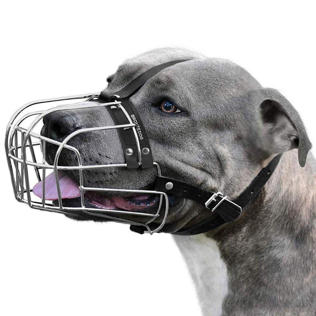 BRONZEDOG Dog Muzzle Pitbull Metal Mask Amstaff Wire Basket Pit Bull Adjustable Leather Straps for Large Dogs - PawsPlanet Australia