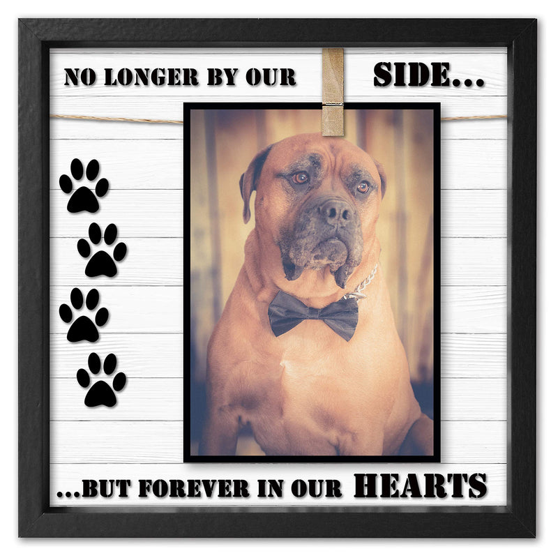 [Australia] - Pet Memorial Picture Frame for Dog or Cat. Clever Design to fit 4x6 - 5x7. Loss of Dog or Cat Sympathy Photo Frame with Clip. Text "Forever in Our Hearts”. Black Wood Frame 10”x10” 