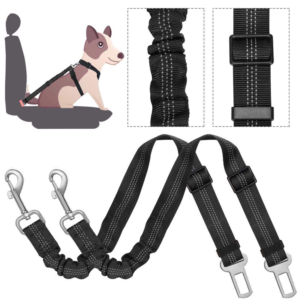 [Australia] - AutoWT Dog Car Seat Belt, Adjustable Dual Use Elastic Bungee Safety Belt in Car Vehicle, Heavy Duty Dogs Leash with Quick Release Swivel Buckle for Small Medium Large Dogs 2 Pack Black 