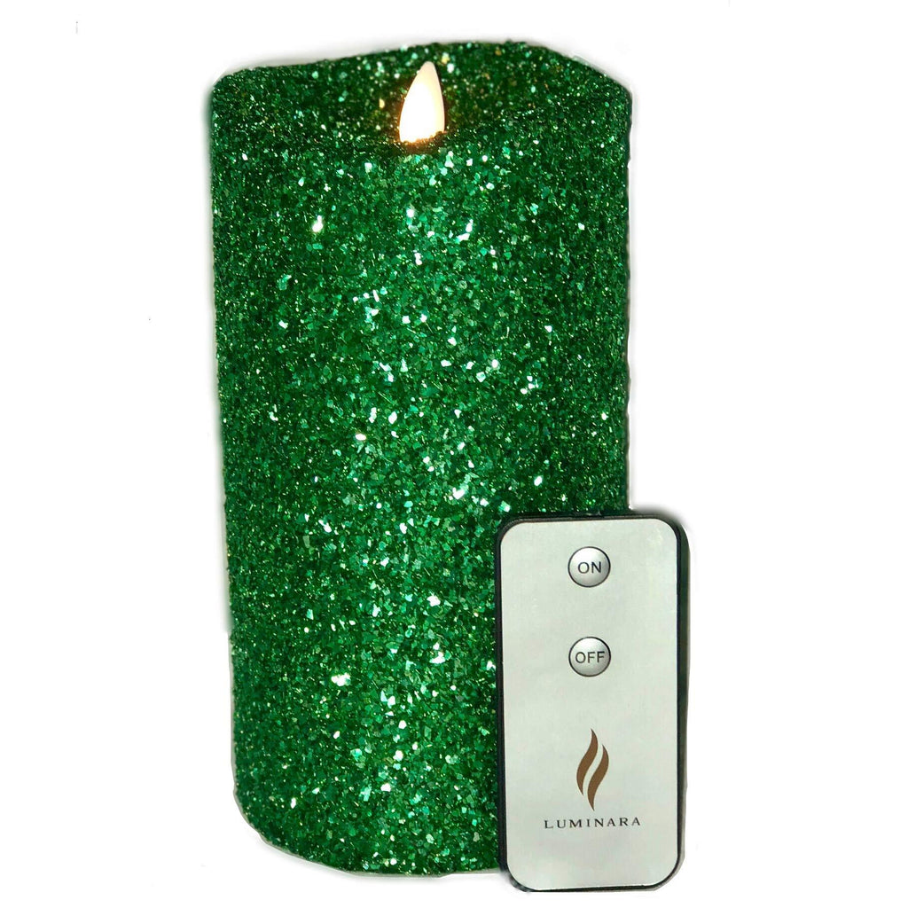 Luminara Vintage Green Glitter 7" Flameless Pillar Candles w/Remote 7 inches - PawsPlanet Australia