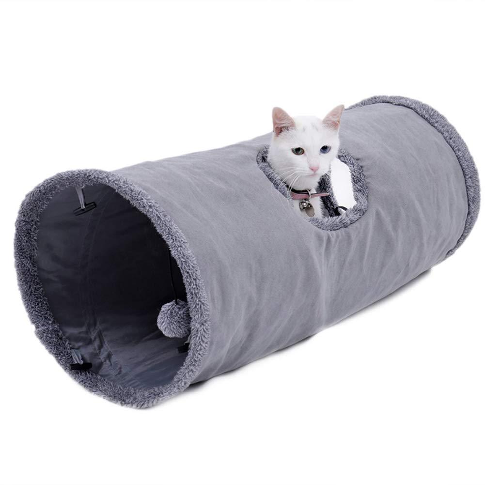 [Australia] - LeerKing Collapsible Cat Tunnel, 1/2 Window Cat Play Tube Toy for Large Cats with Scratching Ball Crinkle Paper M (26.3"x 11.8") Grey 