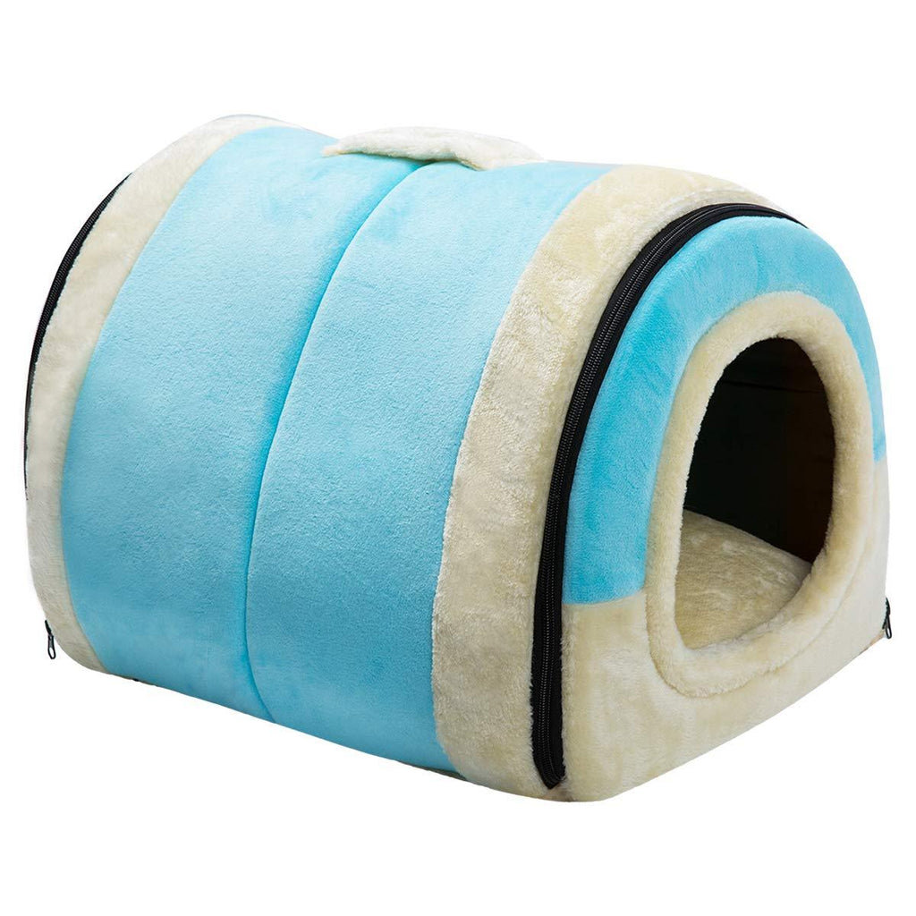 [Australia] - Hollypet Crystal Velvet Self-Warming 2 in 1 Foldable Cave House Shape Nest Pet Sleeping Bed for Cats and Small Dogs, Light Blue 