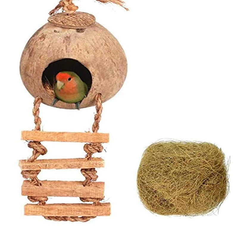 Tfwadmx Coconut Hide with Ladder, Natural Coconut Fiber Hanging Birdhouse Cage, Coconut Bird Shell Breeding Nest for Parrot Parakeet Lovebird Finch Canary (2 Pcs) 1PCS - PawsPlanet Australia
