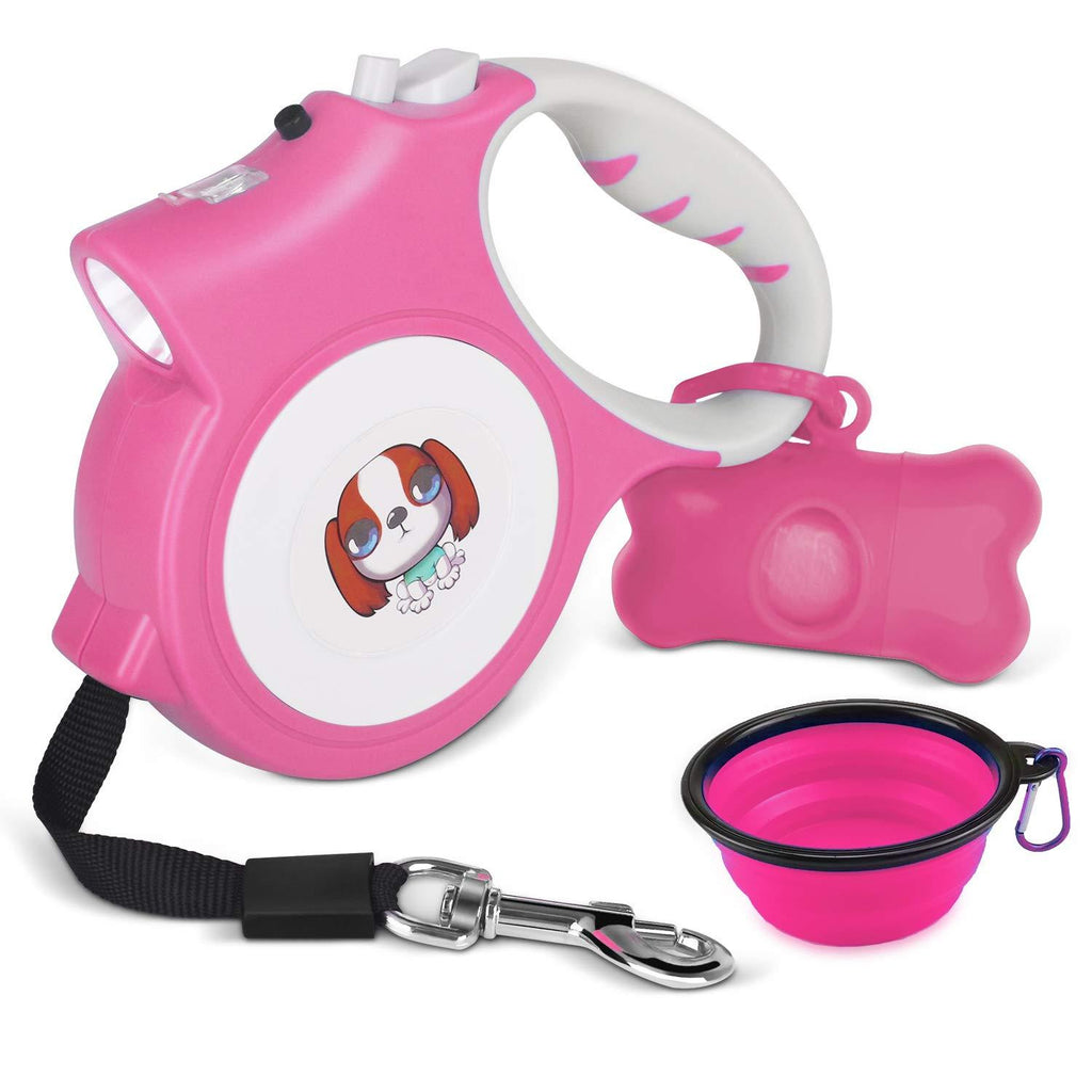 [Australia] - Mowis Small Retractable Dog Leash with Anti-Slip Handle, 16.4ft Dog Walking Leash for Small Medium Dogs up to 55lbs With Collapsible Dog Bowl Pink 