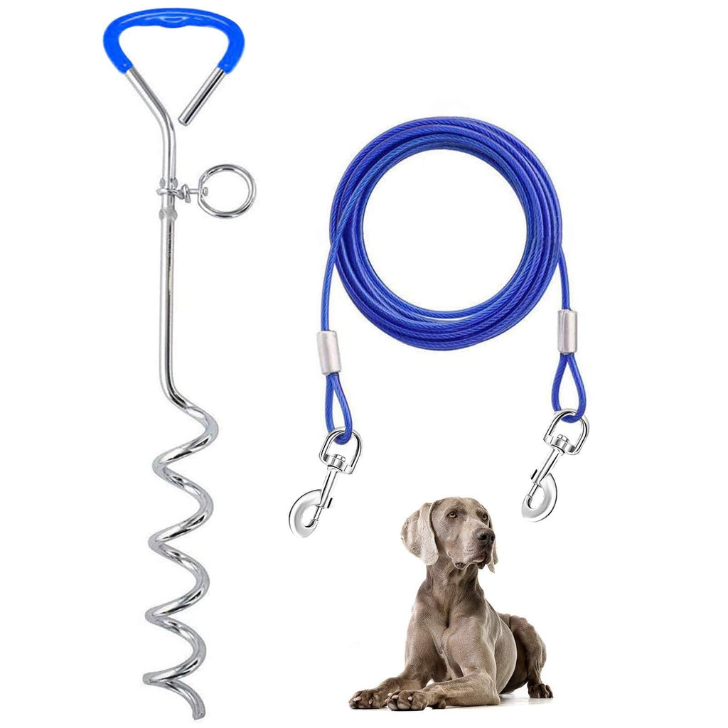 Dog Tie Out Cable and Stake 32/16/10 ft Outdoor, Yard and Camping, for Medium to Large Dogs Up to 125 lbs, 16" Stake, 32/16/10 ft Cable with Durable Spring and Metal Hooks for Outdoor 10ft/3meter Blue - PawsPlanet Australia