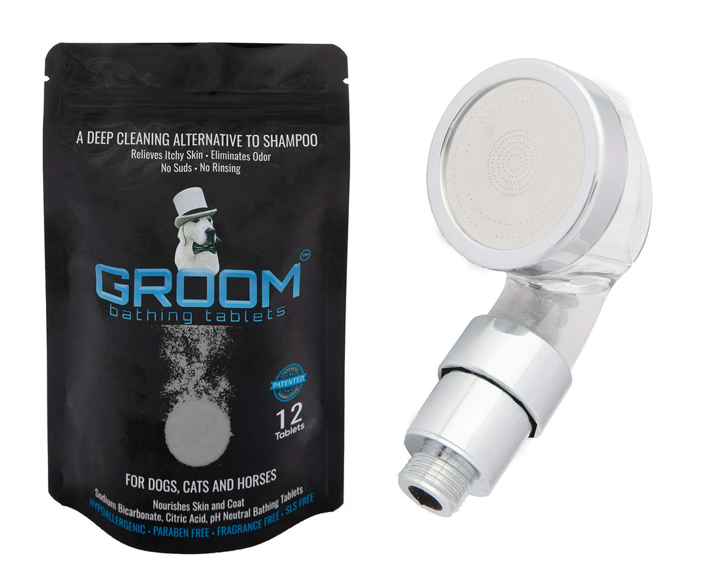 GROOM - Bathe your pet in ONLY 5 minutes! Eliminates Odor Instantly! Relieves Itch Instantly! Natural Hypoallergenic Dog Shampoo, pH Neutral, No Suds, No Chemicals, No Tears! For all Pets, Dogs, Puppies, Cats & Horses - 12 Bathing Tablets + Shower head - PawsPlanet Australia