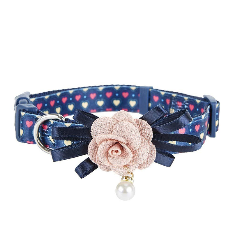 [Australia] - YUDOTE Dog Collar with Bowtie and Flower Accessories Large(Neck 15.5"-23.5") Navy Blue-2 