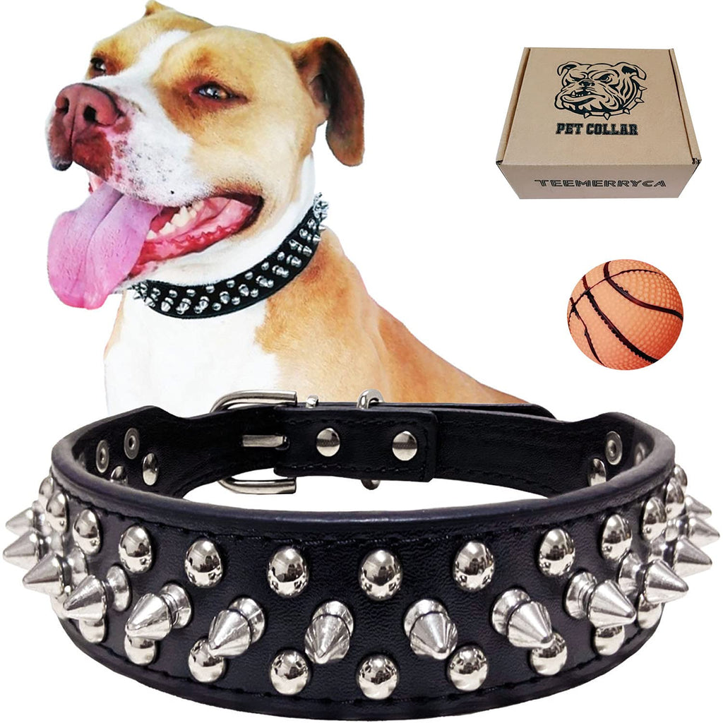 TEEMERRYCA Adjustable Microfiber Leather Spiked Studded Dog Collars with a Squeak Ball Gift for Small Medium Large Pets Like Cats/Pit Bull/Bulldog /Pugs XS(8.3"-10.6" / 21cm-27cm) BLACK - PawsPlanet Australia