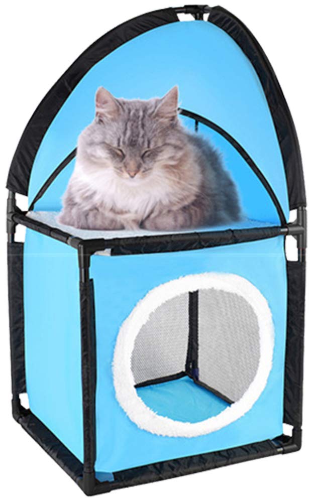 [Australia] - Portable Cat Condo - Two Tier Corner Cat House - Kitty Furniture With Plush Hammock Bed - Breathable Soft Material For Jumping Climbing Play Sleeping - Great For Travel - Kitten Approved Light Blue 