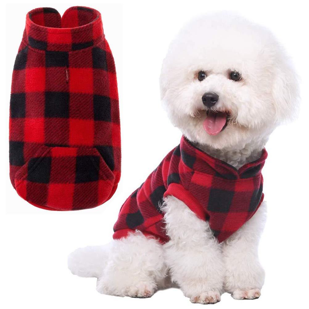 [Australia] - KOOLTAIL Plaid Dog Fleece Vest Clothes with Pocket Pet Winter Jacket for Cold Days Red S 