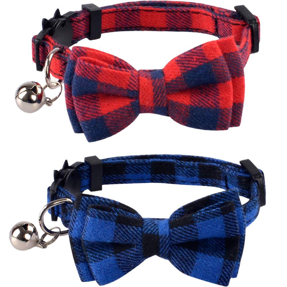 [Australia] - Lamphyface 2 Pack/Set Cat Collar Breakaway with Cute Bow Tie and Bell for Kitty Adjustable Safety Plaid Red&navy 