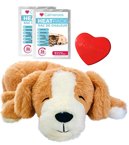 Calmeroos Plush Heartbeat Toys - Calming Separation Anxiety Relief Toys for Puppies and Kittens - Heartbeat Simulator in a Soft Comforting Pillow Pet Plush for Dogs and Cats Brown - PawsPlanet Australia