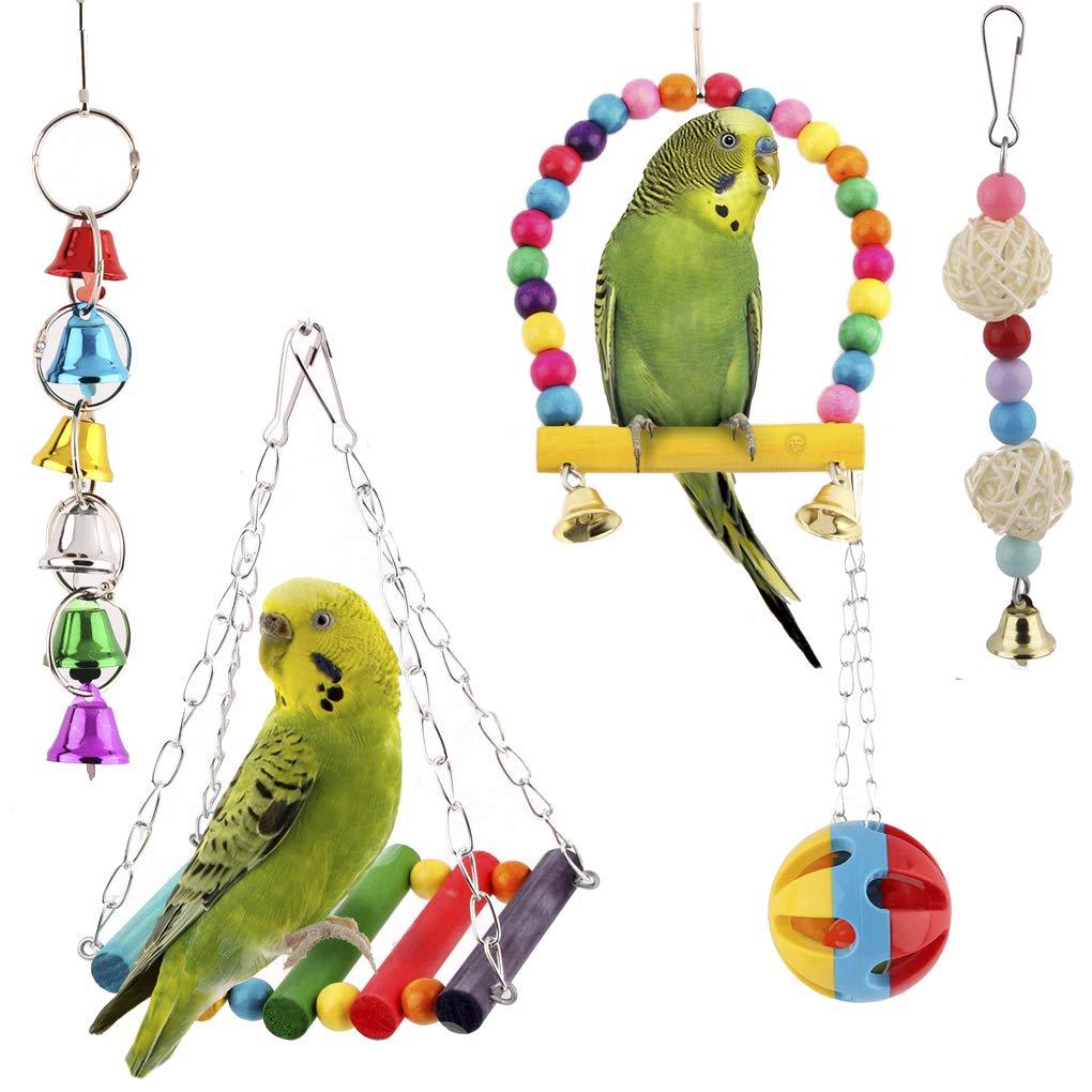 SunGrow Parakeet Swing Toy Set, Colorful Collection of Bells, Wood, Plastic & Rattan Balls, Includes Perch & Hammock, Suitable for Parrots, Cockatiels, Conures, Macaws, Love Birds & Finch, 5 Pcs - PawsPlanet Australia