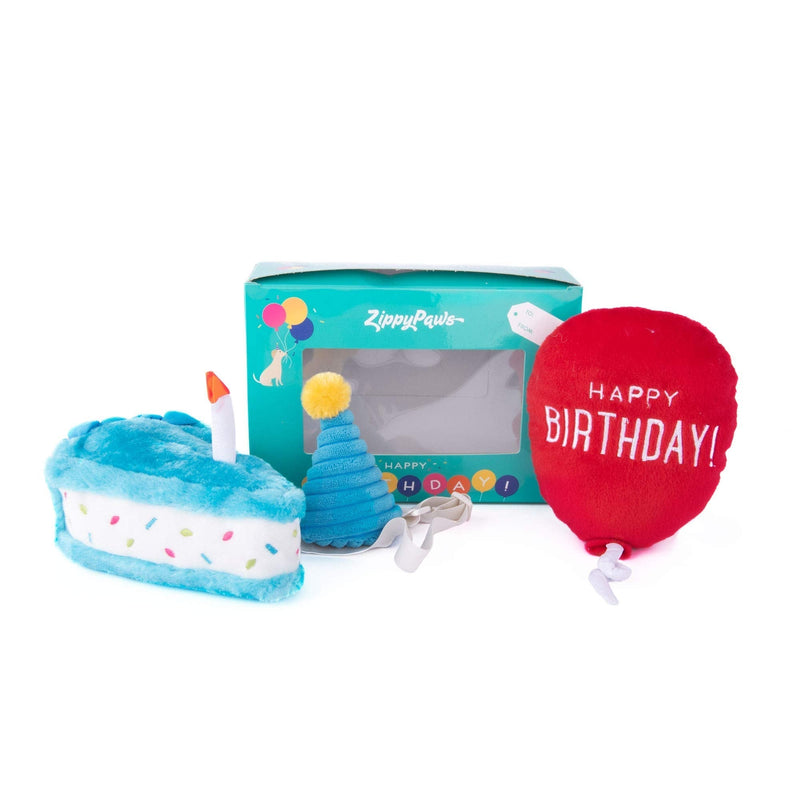 ZippyPaws - Birthday Box Gift for Dogs Squeaky Toy Set - 3 Toys Blue - PawsPlanet Australia