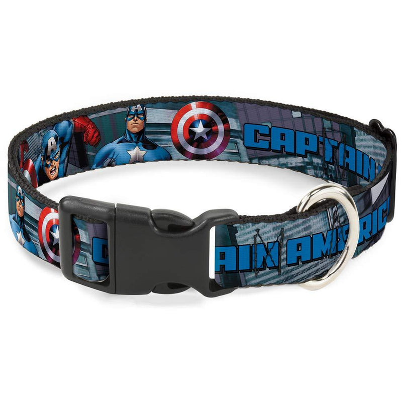 Buckle-Down Dog Collar Plastic Clip Captain America Avengers Logo Cityscape 11 to 17 Inches 1.0 Inch Wide, Multicolor, PC-WCA013-M 1" Wide - Fits 11-17" Neck - Medium - PawsPlanet Australia