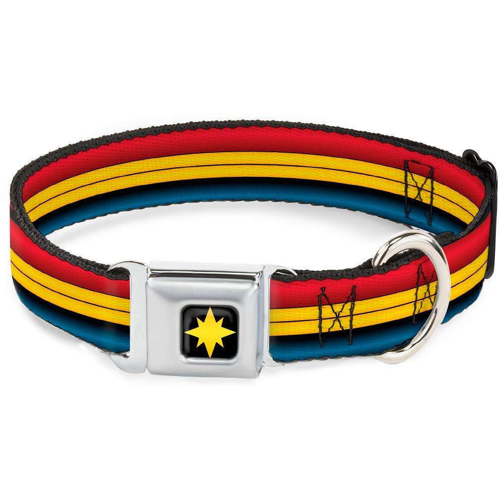 Dog Collar Seatbelt Buckle Captain Marvel Stripe Red Gold Blue 1.5" Wide - Fits 18-32" Neck - Large - PawsPlanet Australia