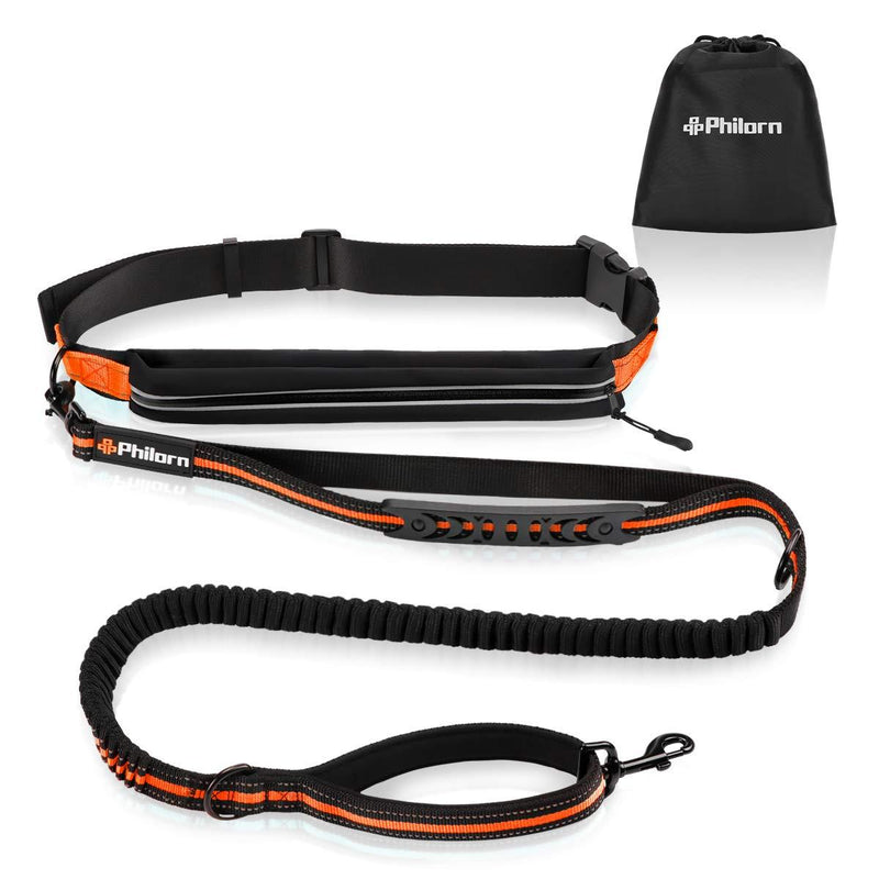 [Australia] - PHILORN Hands Free Dog Leash for Running, Jogging | Reflective Stitching, Adjustable Waist Belt(24"-47"), Phone Pouch, Shock Absorbing Dual Handle Bungee(47"-67") for Up to 150lbs Large Dog Orange 