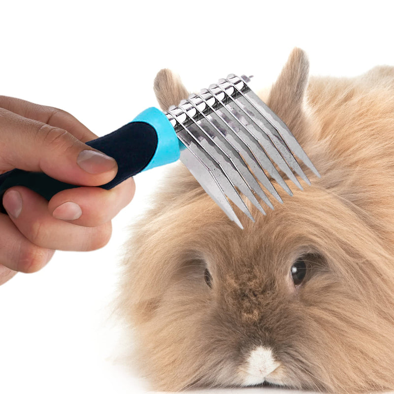 SunGrow Lionhead Rabbit Demat Brush, 6.5 x 2.5 Inches, Stainless Steel with Serrated Bristle, Rubber Handle, Black and Blue, 1 Pc per Pack - PawsPlanet Australia