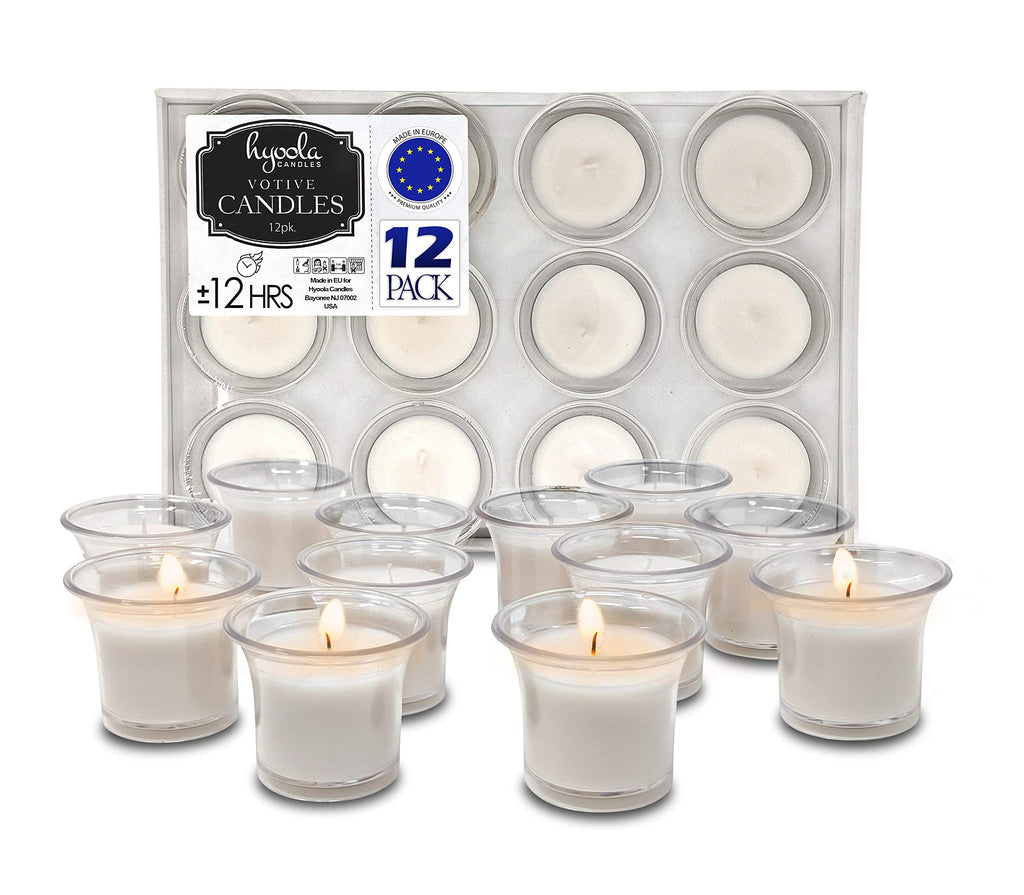 Hyoola Clear Cup Filled Votive Candles Unscented - White -12 Hour Burn Time (12-Pack), Ideal Wedding Candles, European Made 12-Pack - PawsPlanet Australia