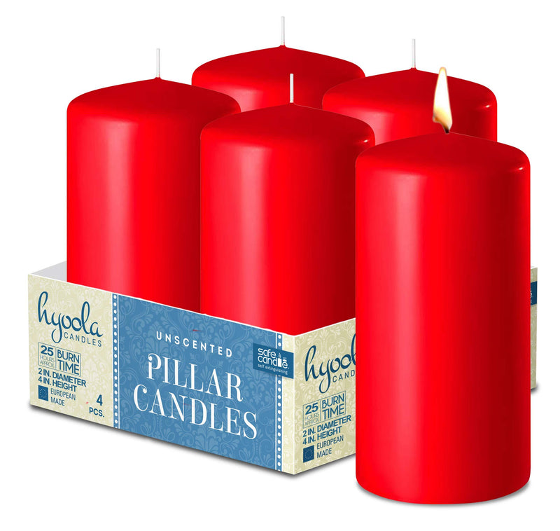 Hyoola Red Pillar Candles 2-inch x 4-inch - Unscented Pillar Candles - Set of 4 - European Made - PawsPlanet Australia