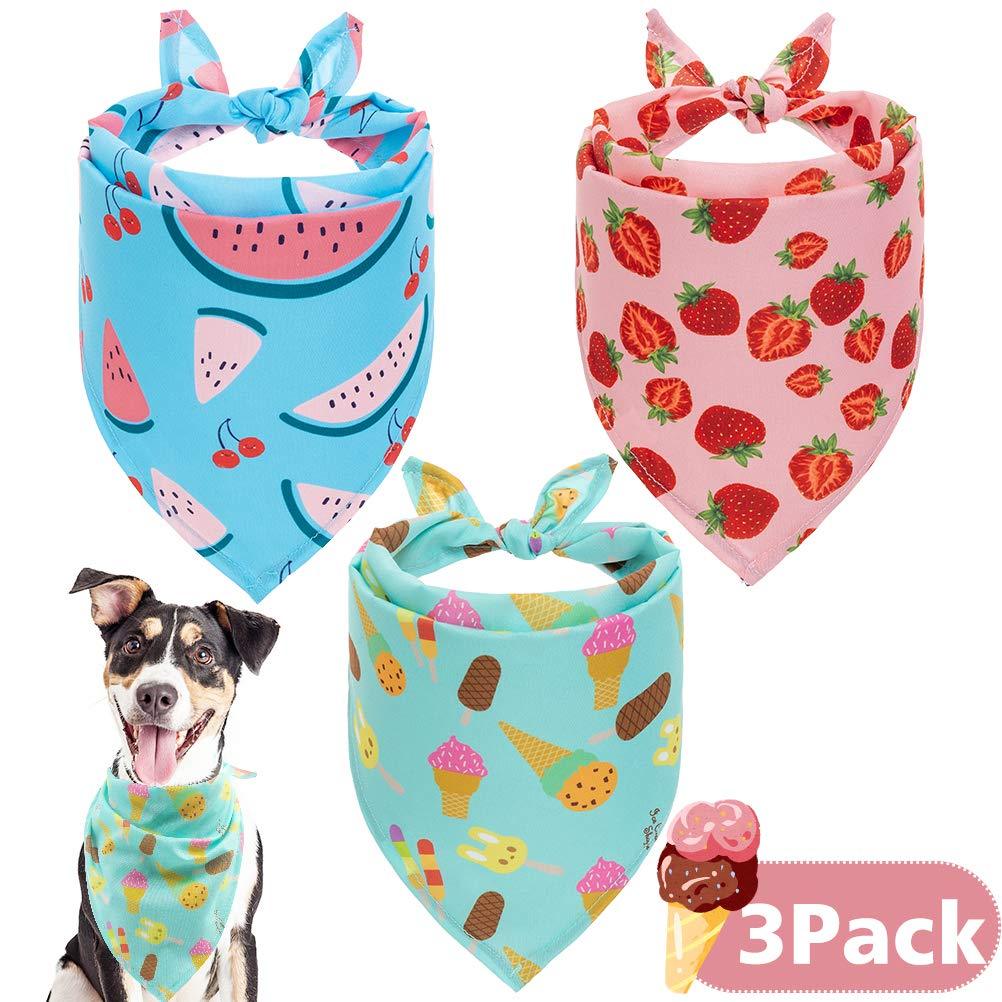 [Australia] - SCIROKKO Hawaii Dog Bandanas 3 Pack - Cute Fruit Print Dog Summer Soft Triangle Scarf Bibs, Durable Pet Kerchiefs Accessories for Dogs Cats, Ice Cream Strawberry Watermelon 