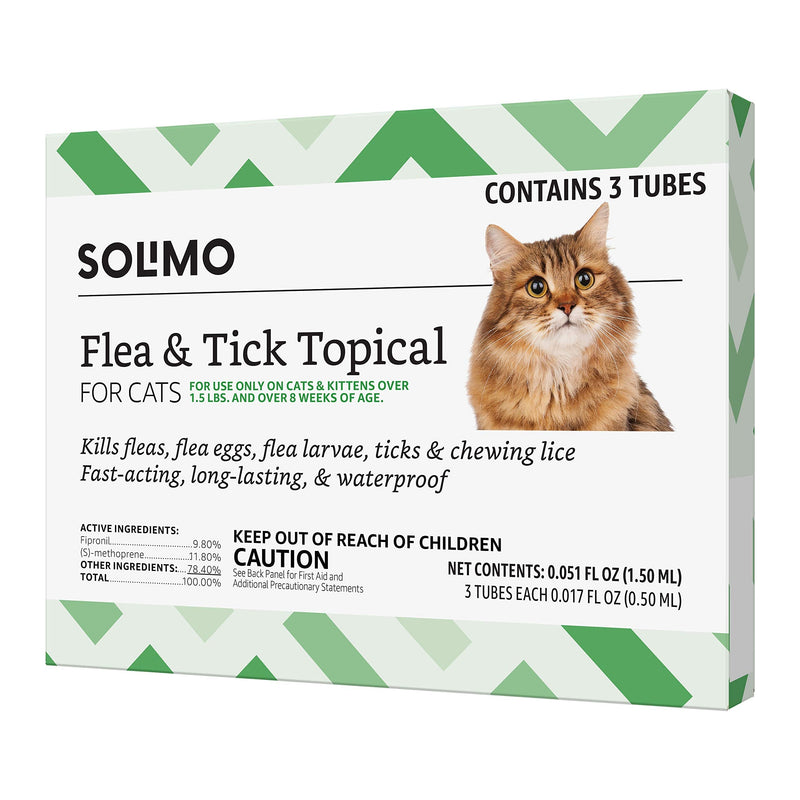 Amazon Brand - Solimo Flea and Tick Topical Treatment for Cats (over 1.5 pounds), 3 Dose/6 Dose 3 Doses - PawsPlanet Australia