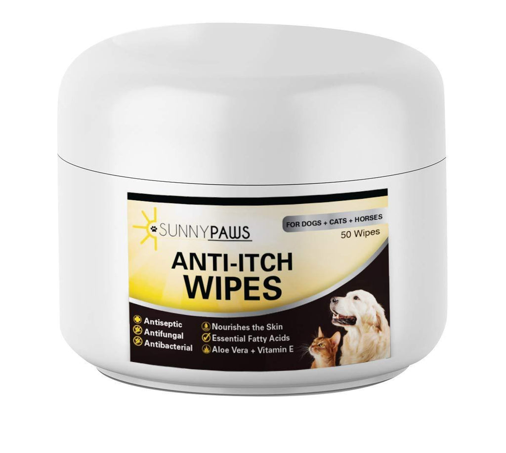 Sunny Paws Anti-Itch Wipes for Dogs Cats and Horses - Medicated Ketoconazole & Chlorhexidine (Antibacterial, Anti Fungal, Antimicrobial) - Cucumber Melon Scent 50 ct. - PawsPlanet Australia