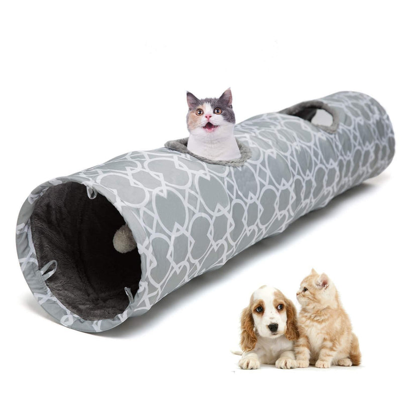 LUCKITTY Large Cat Toys Collapsible Tunnel Tube with Plush Balls, for Rabbits, Kittens, Ferrets,Puppy and Dogs Grey-White - PawsPlanet Australia