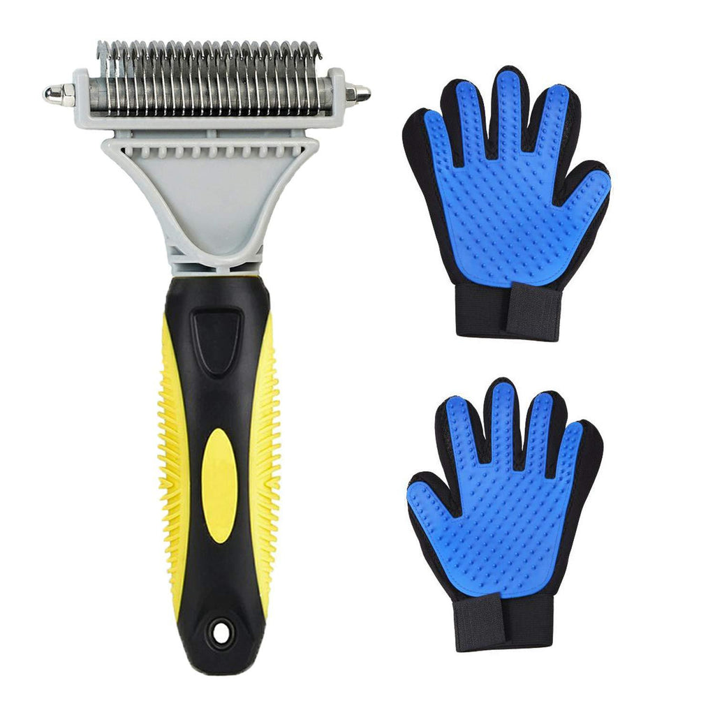 [Australia] - Pet Grooming Tool- Dematting Comb/Grooming Glove Set, 2 Sided Undercoat Grooming Rake for Cats/Dogs, Safely and Easily Removes Matted Tangles, Deshedding Brush Glove- Efficient Pet Hair Remove-2Pack 