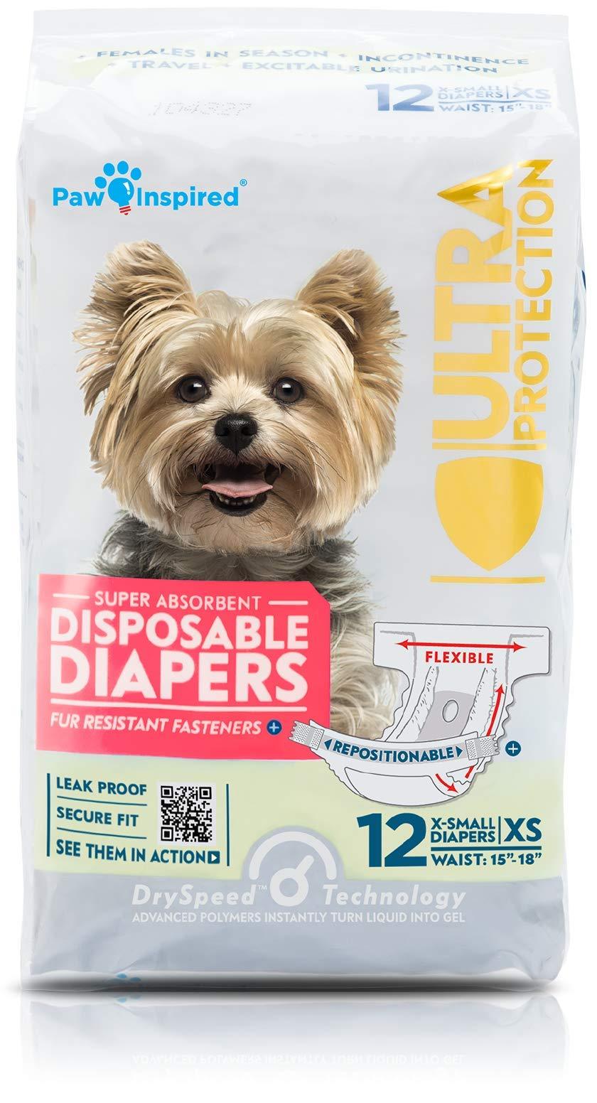 [Australia] - Paw Inspired Disposable Dog Diapers | Female Dog Diapers Ultra Protection | Puppy Diapers, Diapers for Dogs in Heat, or Dog Incontinence Diapers 12 Count X-Small 