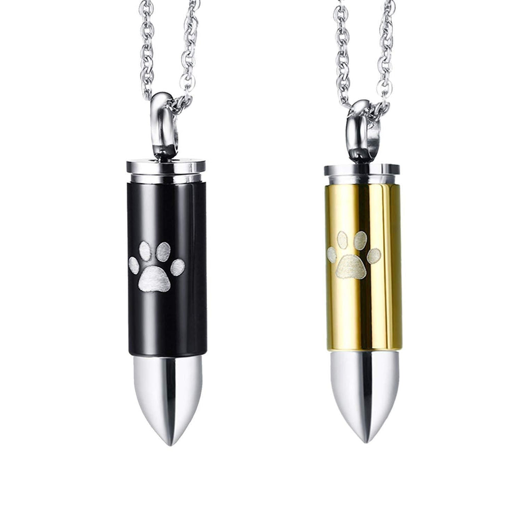 Jakob Miller Men's Stainless Steel Bullet Shape Pendant Necklace Set Black Silver Cross Religious Keepsake Urn Necklace for Ashes for Men Pet 2pcs-Paw Print - PawsPlanet Australia