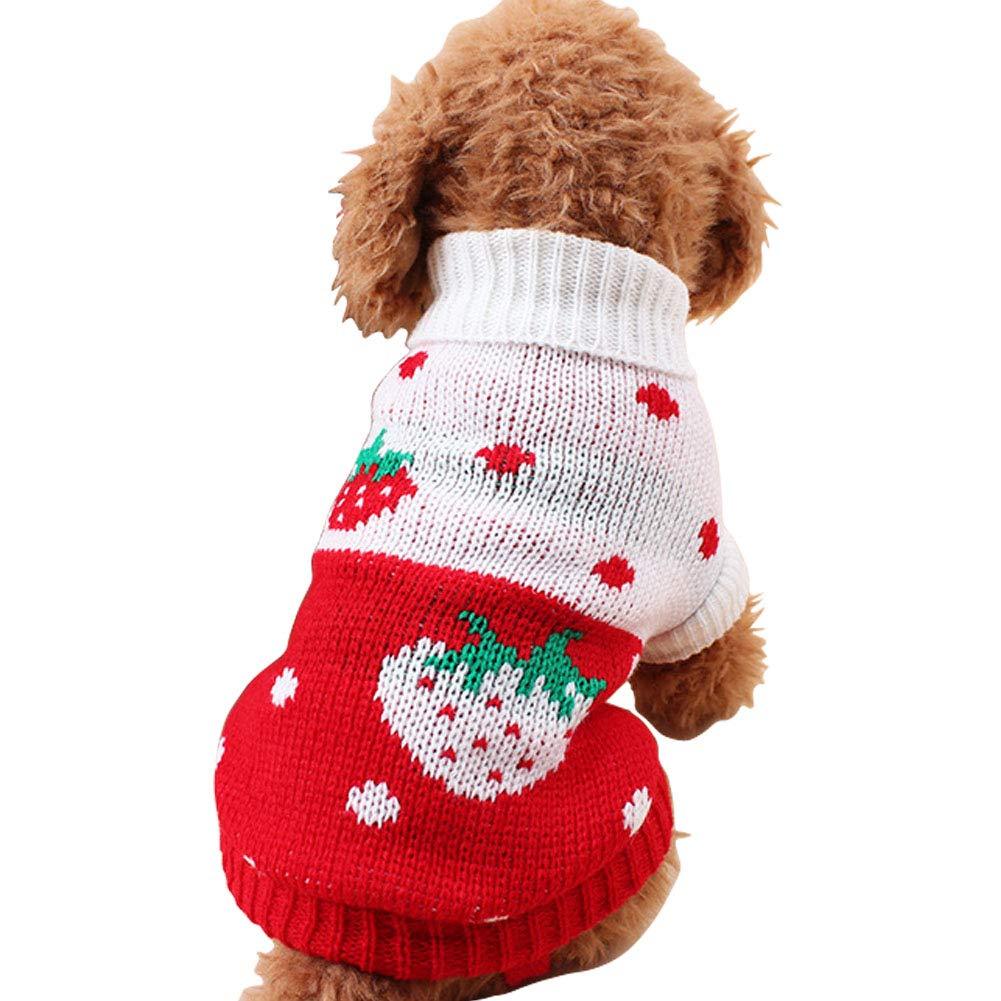 CHBORCHICEN Pet Dog Sweaters Classic Knitwear Turtleneck Winter Warm Puppy Clothing Cute Strawberry and Heart Doggie Sweater XX-Small Red1 - PawsPlanet Australia