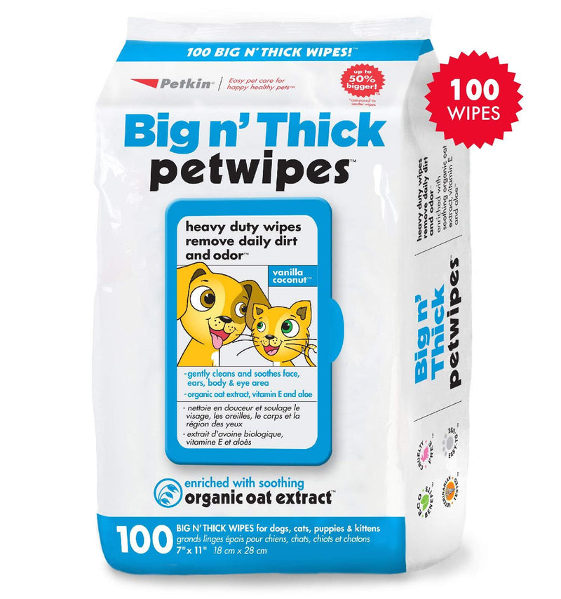[Australia] - Petkin Petwipes – Big 'n Thick Extra Large Pet Wipes for Dogs and Cats – Cleans Face, Ears, Body and Eye Area – Super Convenient, Ideal for Home or Travel 100 wipes 