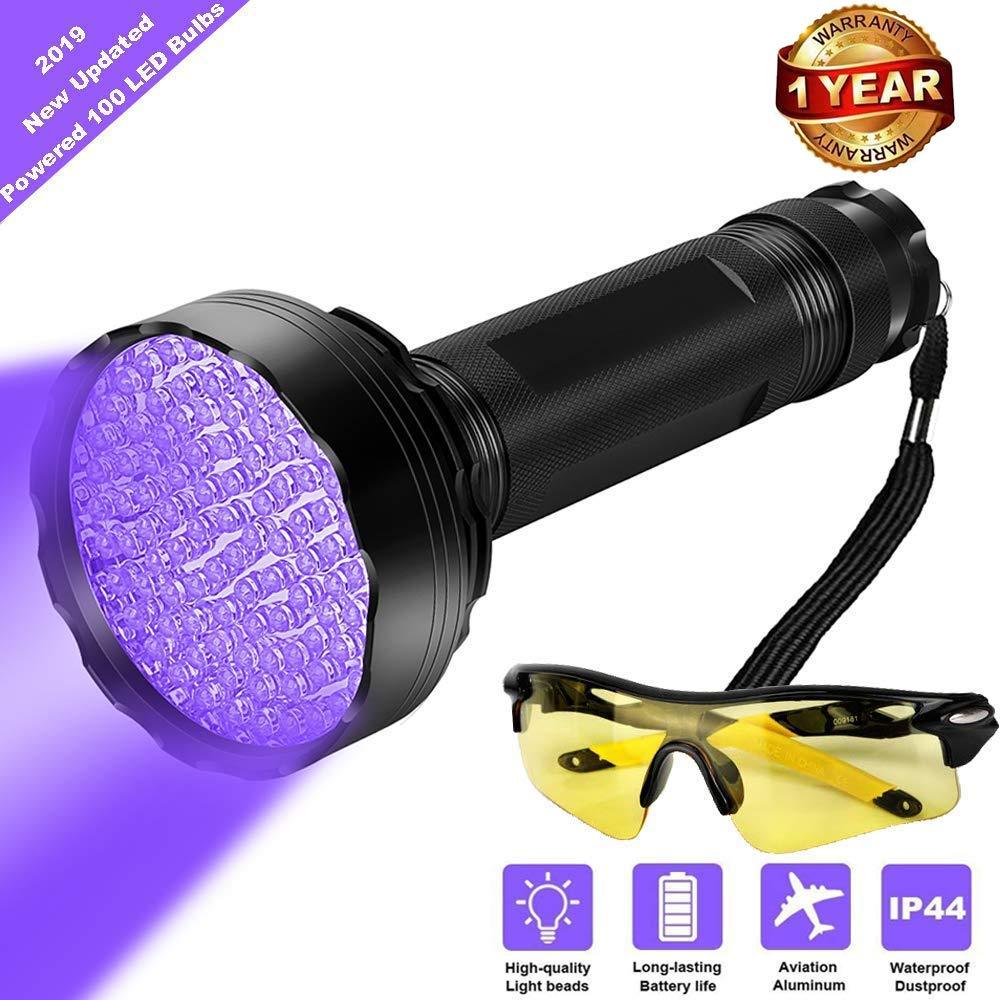 [Australia] - Black Light UV Flashlights with UV Protective Glasses, 100 LED 395 NM Ultraviolet Blacklight Detector for Home Hotel Dogs Cat Pet Urine Dry Stains Bed bug Mold Counterfeit Money Leak Passport Cosmetic Black light 100Leds 