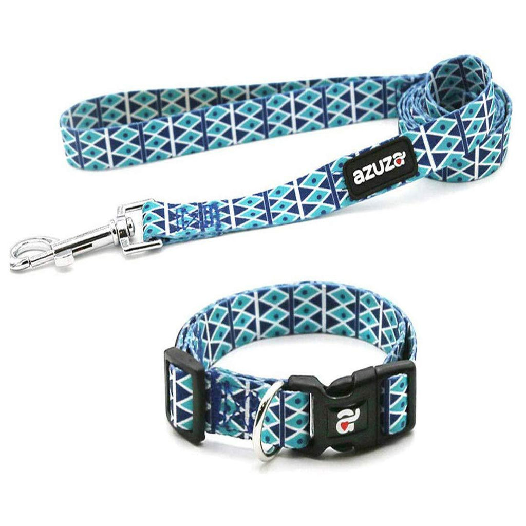 [Australia] - azuza Dog Collar and Leash Set, Fun Patterns, Adjustable Nylon Collar with Matching Leash for Small Medium and Large Dogs S (Neck: 11"-16") Diamond Blue 