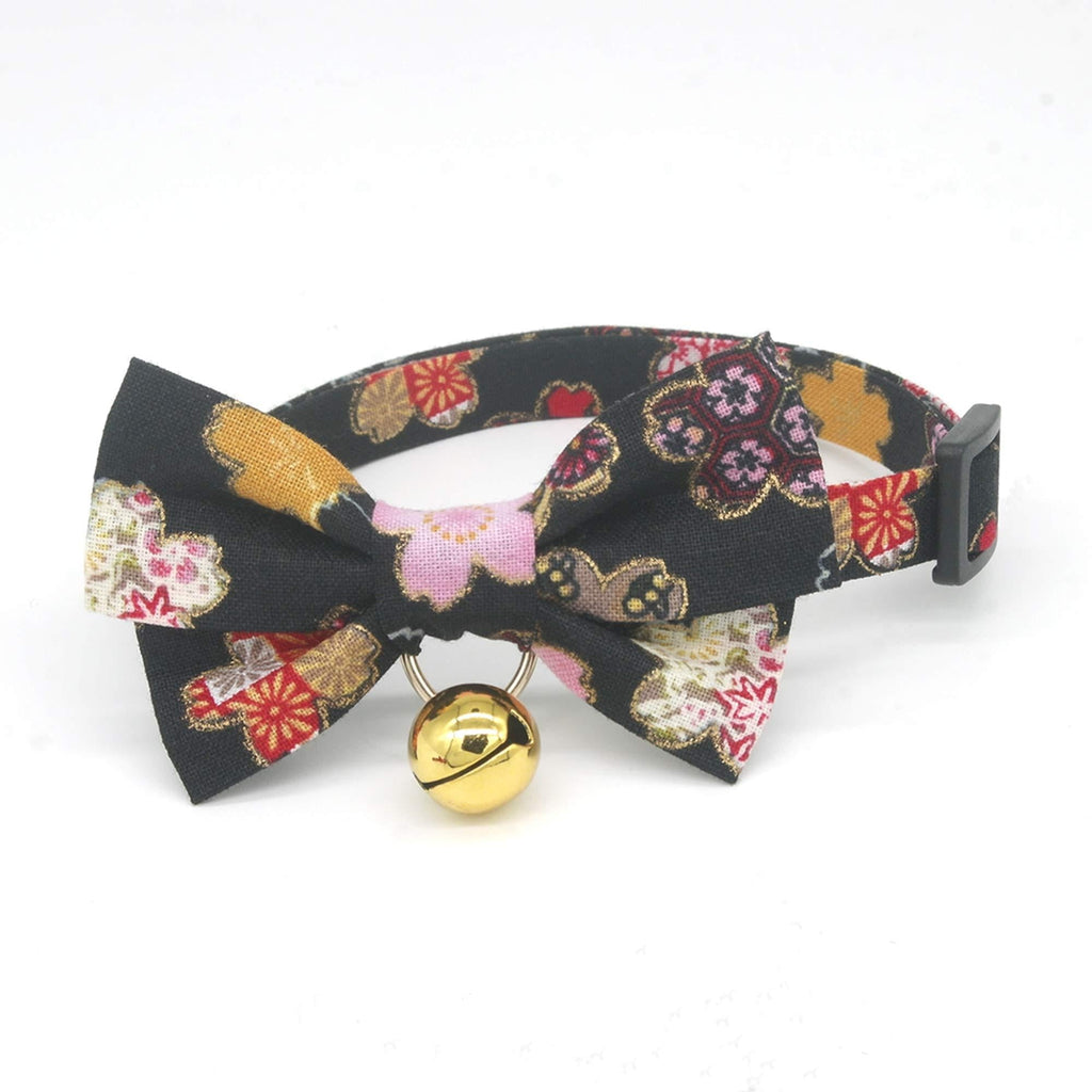 PetSoKoo Double Bowtie Breakaway Cat Collar with Bell. Japan Colorful Sakura Kimono Style. 100% Cotton. Soft, Cute for Girl Male Adult Cats Collar Small (6-9.5 inch,16-24cm) Black - PawsPlanet Australia