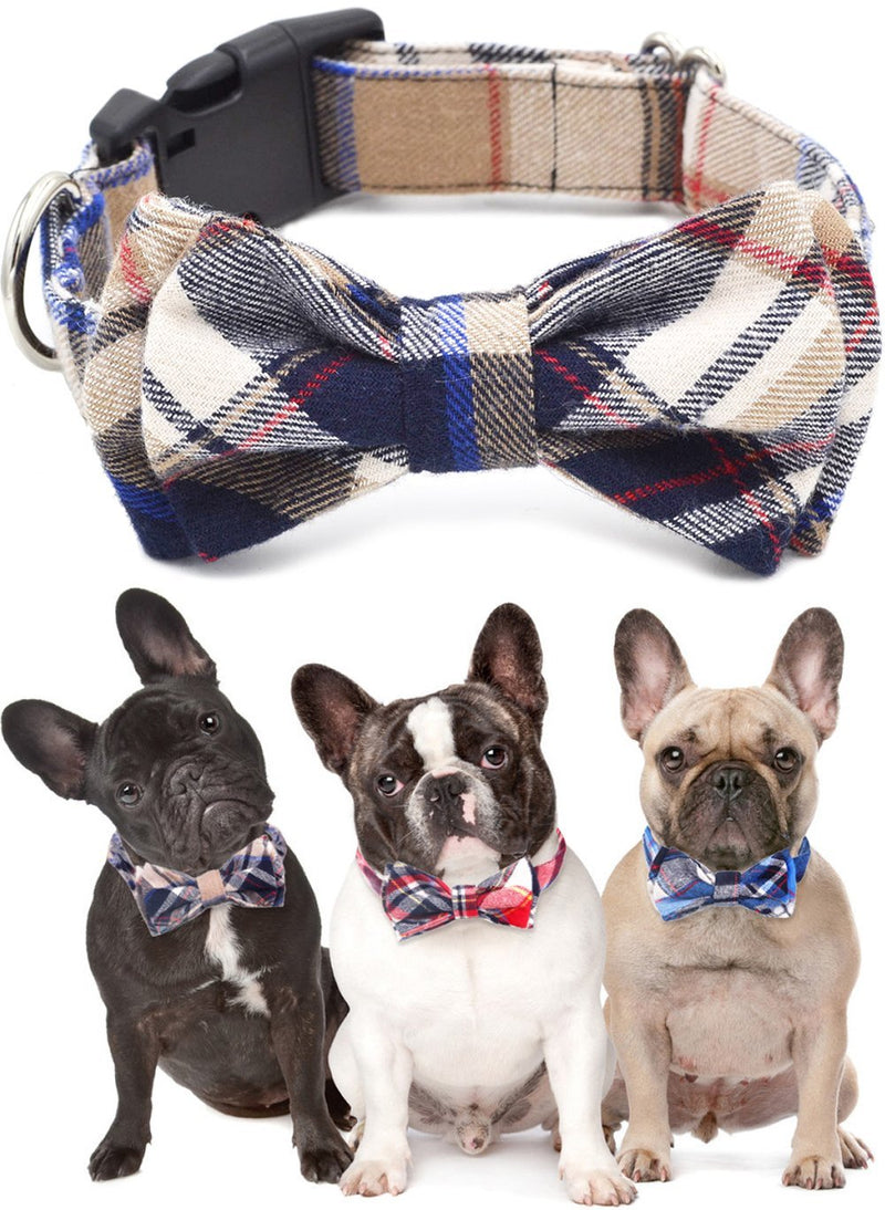 [Australia] - Freezx Dog Collar with Bow Tie - Adjustable 100% Hand Made Cotton Design - Cute Fashion Dog Collars with Bow Ties for Small Medium Large Dogs - Red,Brown,Blue,Green,Yellow Plaid Stripe Pattern S collar length 11.5"- 14.5" Brown 