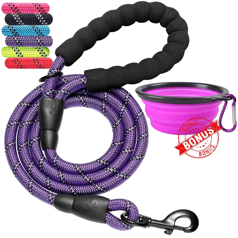 [Australia] - ladoogo Heavy Duty Dog Leash - Comfortable Padded Handle, 5 ft Long - Dog Training Walking Leashes for Medium Large Dogs with A Free Collapsible Pet Bowl Purple 