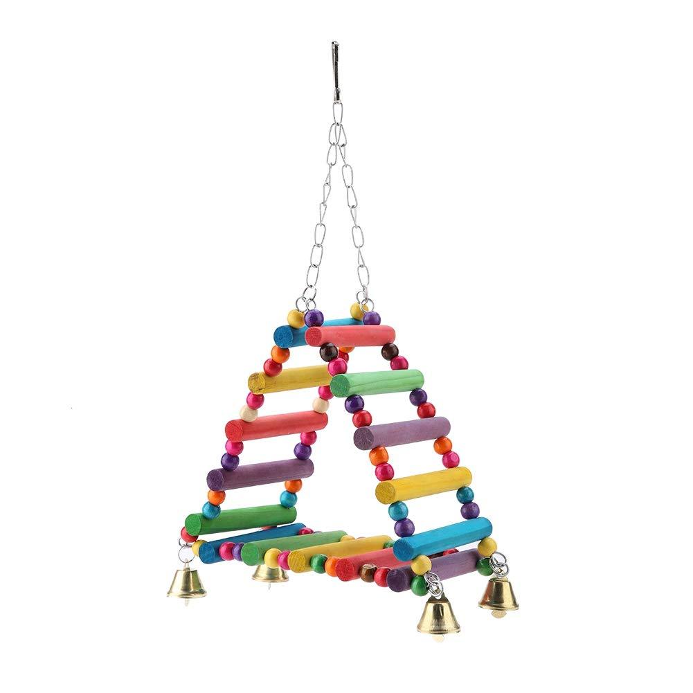 [Australia] - Wood Parrot Swing Ladder Colorful Triangle Bird Hammock Bird Chew Bite Toys Bird Cage Climbing Hanging Toys Wooden Stand Perches with 4 Bells 