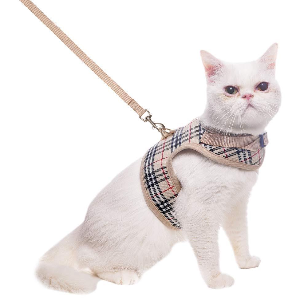 BINGPET Escape Proof Cat Harness with Leash - Adjustable Soft Mesh Vest for Walking L Cream - PawsPlanet Australia