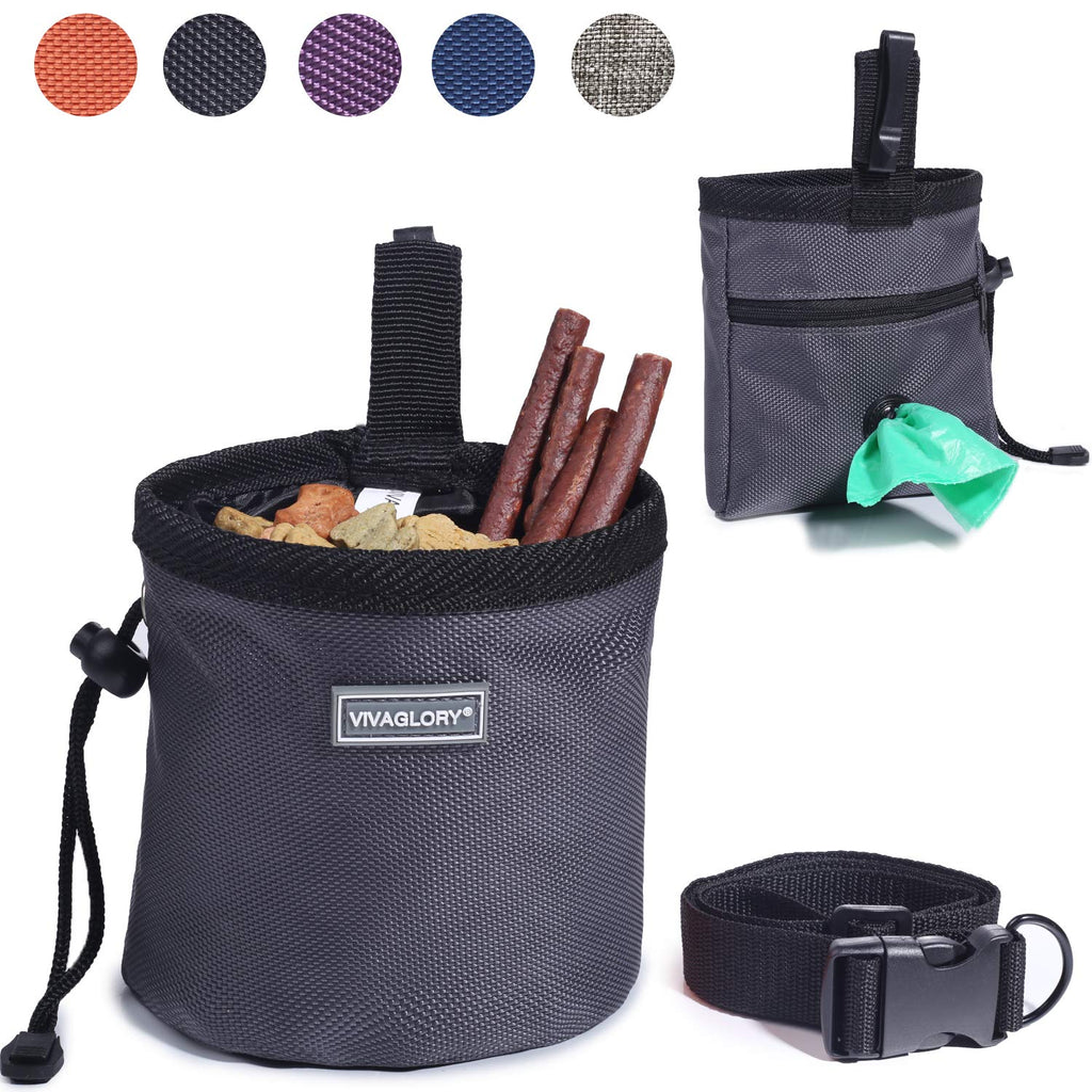 [Australia] - Vivaglory Dog Treat Bag, Hands-Free Puppy Training Pouch with Adjustable Waistband and Built-in Dog Waste Bag Dispenser, 2 Ways to Wear Basic Grey 