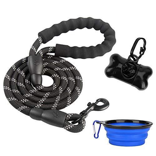 [Australia] - xjzx 5 FT Heavy Dog Leash - Comfortable Filling Handle, Heavy Metal Buckle and High Reflector, Suitable for Small, Medium and Large Dogs, with Foldable Free Pet Bowl 